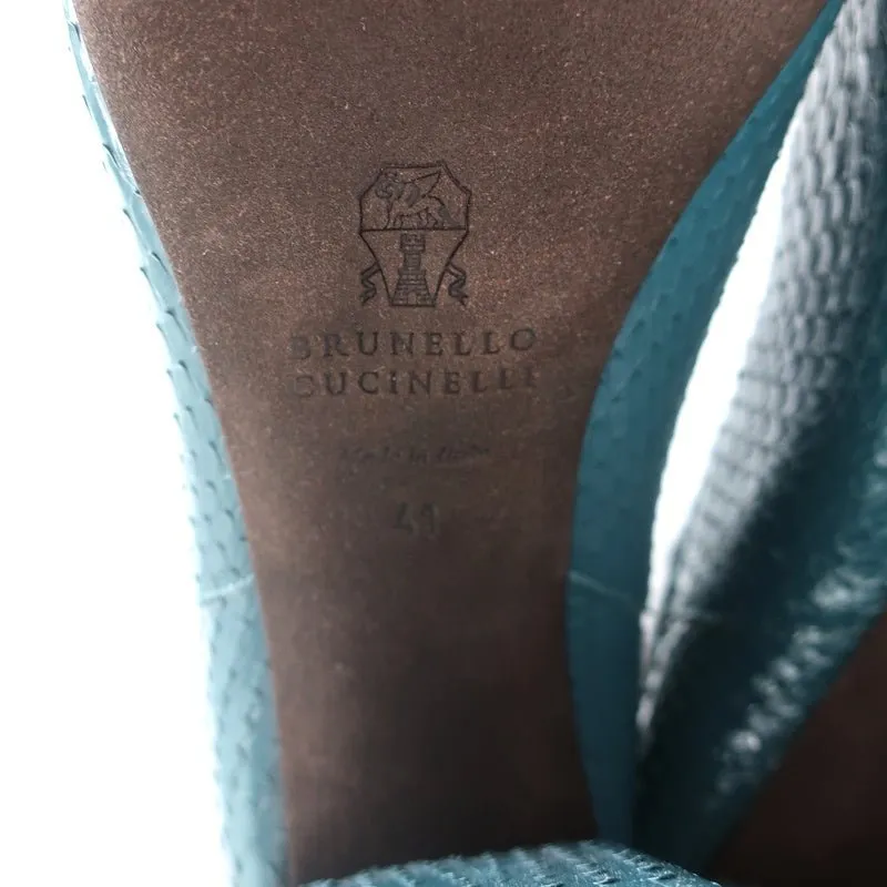 Brunello Cucinelli Sock-Gore Ankle Boots Teal Snakeskin Size 41 Block Heel