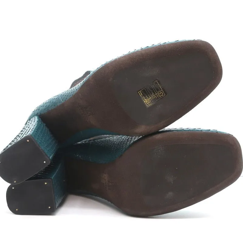 Brunello Cucinelli Sock-Gore Ankle Boots Teal Snakeskin Size 41 Block Heel