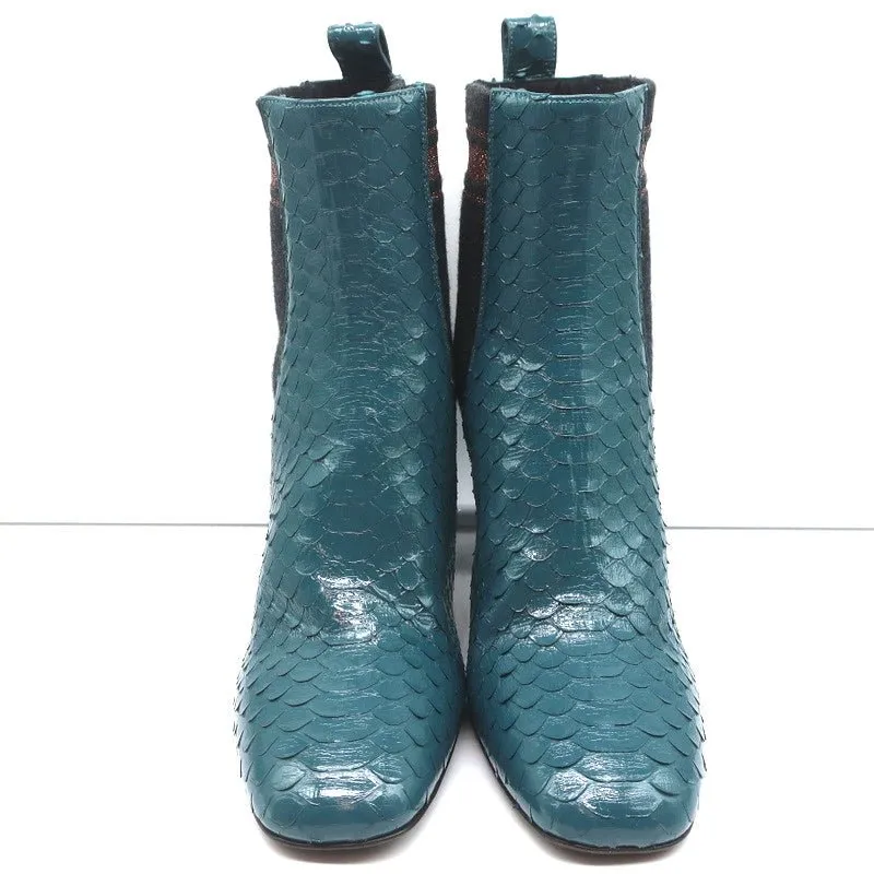 Brunello Cucinelli Sock-Gore Ankle Boots Teal Snakeskin Size 41 Block Heel