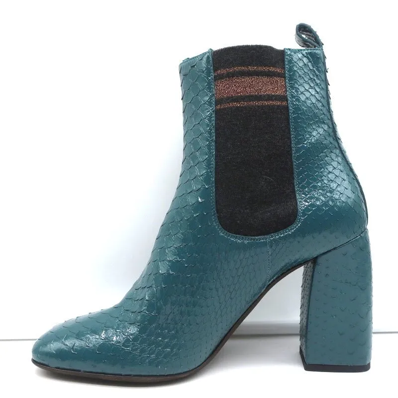 Brunello Cucinelli Sock-Gore Ankle Boots Teal Snakeskin Size 41 Block Heel