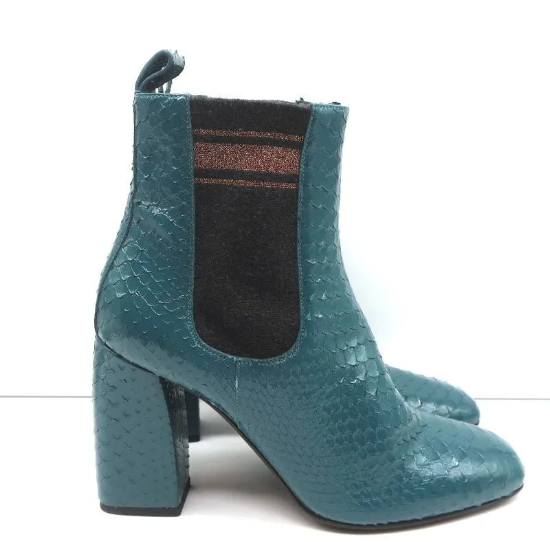 Brunello Cucinelli Sock-Gore Ankle Boots Teal Snakeskin Size 41 Block Heel