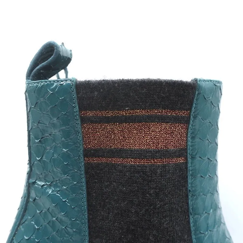 Brunello Cucinelli Sock-Gore Ankle Boots Teal Snakeskin Size 41 Block Heel