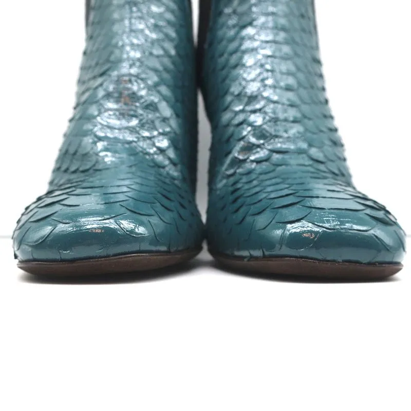 Brunello Cucinelli Sock-Gore Ankle Boots Teal Snakeskin Size 41 Block Heel