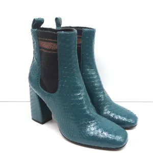 Brunello Cucinelli Sock-Gore Ankle Boots Teal Snakeskin Size 41 Block Heel