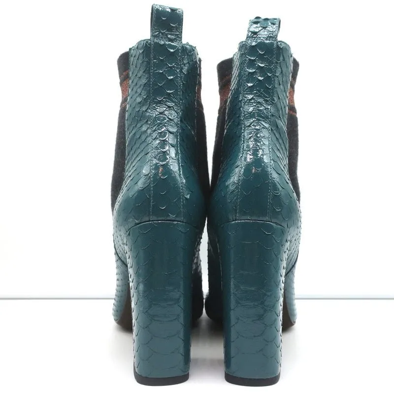 Brunello Cucinelli Sock-Gore Ankle Boots Teal Snakeskin Size 41 Block Heel