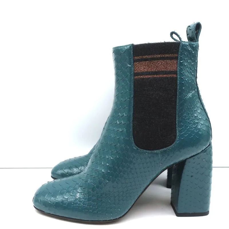 Brunello Cucinelli Sock-Gore Ankle Boots Teal Snakeskin Size 41 Block Heel